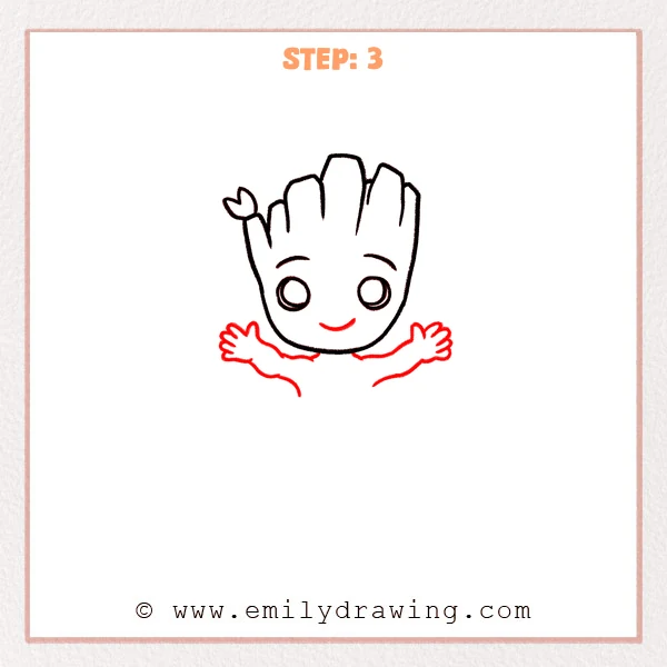 how to draw a baby groot - Step 3: Baby Groot face with a small smile and both arms stretched out, hands shaped with rounded fingers.